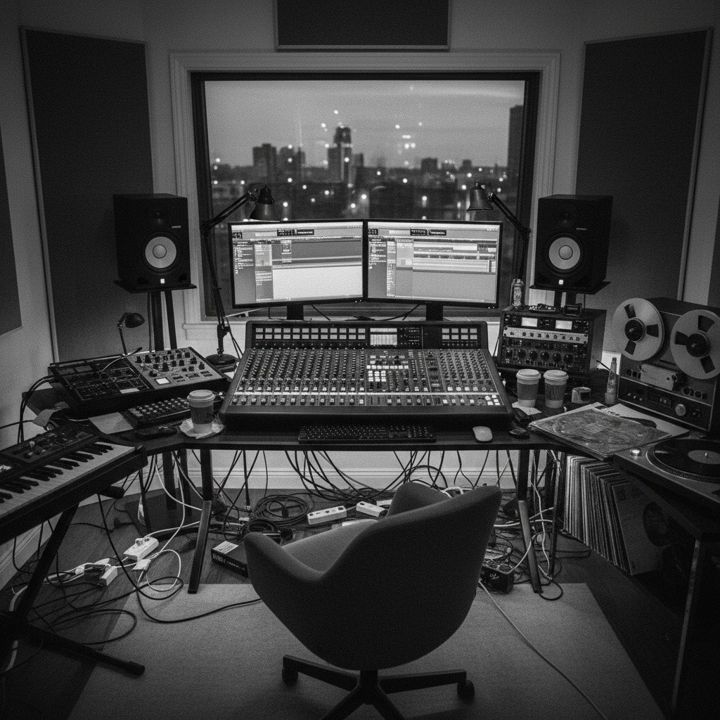 create a realistic grey scale photo showing a professional recording studio ,modern hi tech